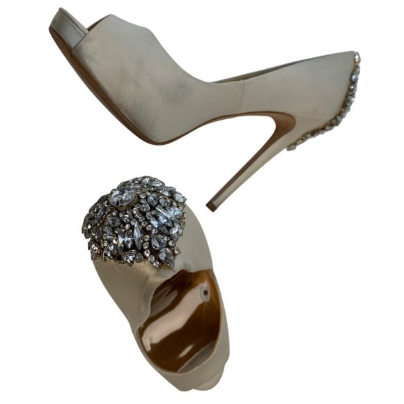 Badgley Mischka Embellished Peep-Toe Stiletto Heels Size 9.5M Satin & Leather - Picture 9 of 13